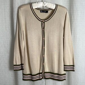 NY & Co L 7th Ave Design Studio Beige Olive Pink Contrast Stripe Trim Cardigan